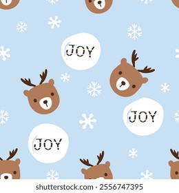 Christmas seamless pattern of brown bear cartoons with antler, snowflakes and hand written fonts on blue background vector.