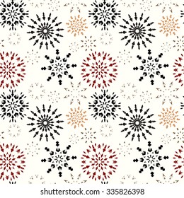 Christmas seamless pattern. Brown and orange snowflake signs on white, cream background. Winter theme retro texture. Chocolate snow. Vector illustration.