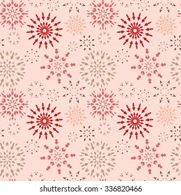 Christmas seamless pattern. Brown and orange snowflake signs on white, cream background. Winter theme retro texture. Chocolate snow. Vector illustration.