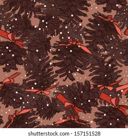 Christmas seamless pattern with brown pine cones with red bows and with falling snow