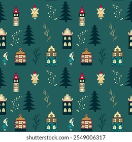 Navidades sin patrón con edificios, árboles y ángeles sobre fondo verde 
