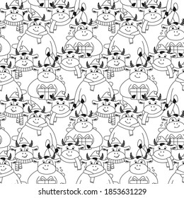 Christmas seamless pattern bull, black and white textile. New Year symbol linear cow, buffalo or calf wallpaper. Merry Christmas, happy New Year. cartoon animal character vector