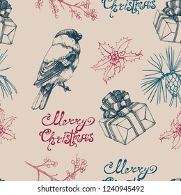 Christmas seamless pattern, bullfinch, Holi, fir cones, hand drawing vector