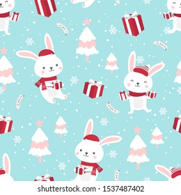 Weihnachtsnahtloses Muster auf sonnigem Hintergrund, Wintermuster mit weißem Kaninchen, Umhüllungspapier, Musterfüllungen, Wintergrüße, Webseitenhintergrund, Weihnachts- und Neujahres-Grußkarten