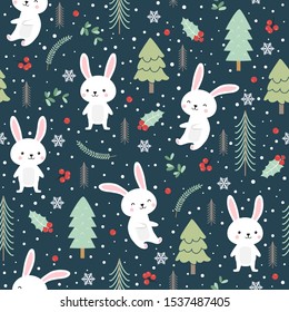Christmas seamless pattern with bunny background, Winter pattern with white rabbit, wrapping paper, pattern fills, winter greetings, web page background, Christmas and New Year greeting cards