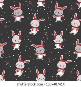 Christmas seamless pattern with bunny background, Winter pattern with rabbit, wrapping paper, pattern fills, winter greetings, web page background, Christmas and New Year greeting cards