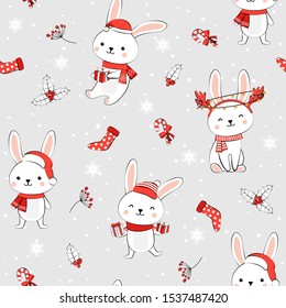 Christmas seamless pattern with bunny background, Winter pattern with white rabbit, wrapping paper, pattern fills, winter greetings, web page background, Christmas and New Year greeting cards