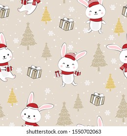 Christmas seamless pattern with bunny background, Winter pattern with white rabbit, wrapping paper, pattern fills, winter greetings, web page background, Christmas and New Year greeting cards
