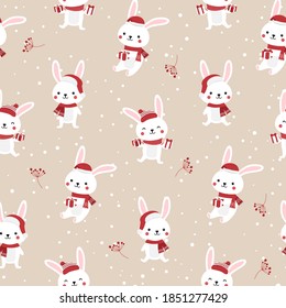 Christmas seamless pattern with bunny background, Winter pattern with rabbit, wrapping paper, winter greetings, web page background, Christmas and New Year greeting cards