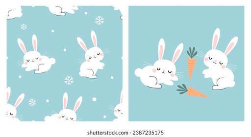 Christmas seamless pattern with bunny rabbit cartoon and snowflakes on green mint background vector illustration.