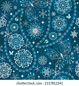 Christmas seamless pattern with butterflies and snowflakes  and paisleys on a dark blue background. Vector eps 10