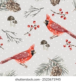 Christmas seamless pattern, cadinal birds, pine twigs, cones, red berries, mushrooms, snow, beige background. Vector illustration. Nature design. Season greeting. Winter holidays