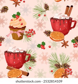 Christmas seamless pattern with a cake decorated with holly berries and hot chocolate with marshmallows. For decorating textiles, packaging. Vector illustration.