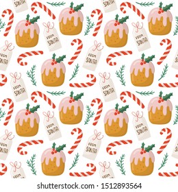 Christmas seamless pattern with cake, gift tag, candy. Scandinavian style. Vector illustration