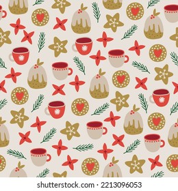 Christmas seamless pattern with cakes, cookie, cups, flowers, fir branches on white background. Perfect for winter greeting card, New Year decoration, wallpaper, wrapping paper. Vector illustration