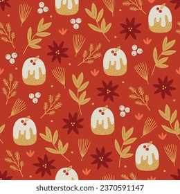 Christmas seamless pattern with cakes, flowers, berries, leaves, fir branches on red background. Perfect for wallpaper, gift paper, winter greeting cards. Vector illustration