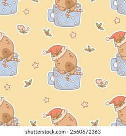 Christmas Seamless pattern. Calm Capybara Santa in blue cup on yellow background with holly and stars. New Year Funny cartoon kawaii character backdrop. Vector illustration. Kids holiday collection