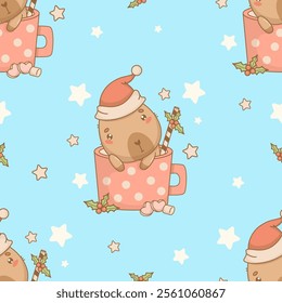 Christmas Seamless pattern. Calm Capybara Santa in cup on blue background with stars. New Year Funny cartoon kawaii character. Vector illustration. Kids holiday collection