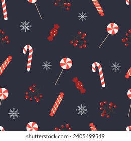 Navidad sin fisuras con caramelos, bayas y copos de nieve. Ilustración vectorial, estilo plano. Feliz año nuevo. Patrón invernal. Fondo de Navidad