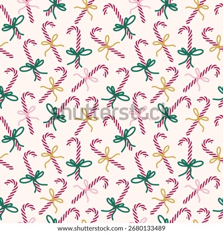 Christmas seamless pattern with candies and bows. Christmas wrapper background. Surface cover design. Fabric textile print. 