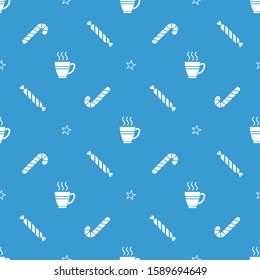 Christmas seamless pattern with Christmas candies and cups on blue background. Vector illustration. New Year pattern. For web, wrapping paper, scrapbooking, for printing on textile, crockery, package.