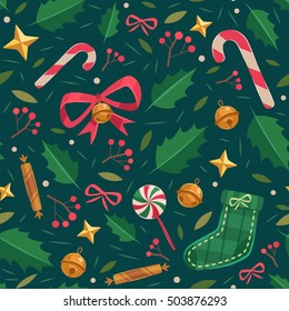 Christmas Seamless Pattern With Candies, Fir-cone, Bow, Stars And Sleigh Bells. 