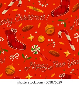 Christmas Seamless Pattern With Candies, Fir-cone, Bow, Stars And Sleigh Bells. 