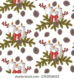 Christmas seamless pattern with  christmas candles, fir twigs and cones. Hand drawn vector illustration.