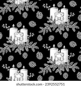 Christmas seamless pattern with christmas candles, fir twigs and cones. Hand drawn sketch. Vector illustration.
