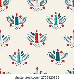 Weihnachten nahtloses Muster mit Kerzen, Blättern, Tannenzweigen, Beeren auf weißem Hintergrund. Perfekt für Tapeten, Geschenkpapier, Winter-Grußkarten. Vektorgrafik