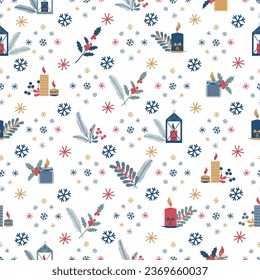 Christmas seamless pattern. Candles, snowflakes, decorations.