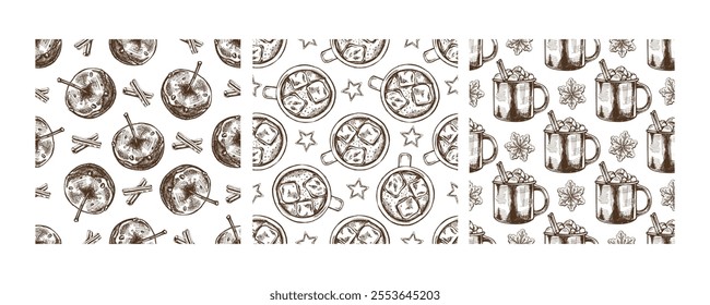 Christmas seamless pattern with candy apples, hot drinks, and cinnamon sticks
