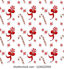 Christmas seamless pattern with candy cane, lollipop and peppermint candy. Xmas festive pattern in red, green and white colors with candies isolated on background.