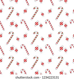 Christmas seamless pattern with candy cane and peppermint candy. Xmas festive pattern in red and white colors isolated on background.