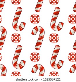 Christmas seamless pattern with candy cane or sweet lollipop and snowflakes, red colors, endless texture for print, textile, scrapbook or wrapping paper, cute new year background - vector