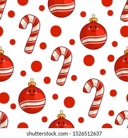 Christmas seamless pattern with candy cane or sweet lollipop, christmas decorative balls and polka dot, endless texture for print, textile, scrapbook or wrapping paper, new year background - vector