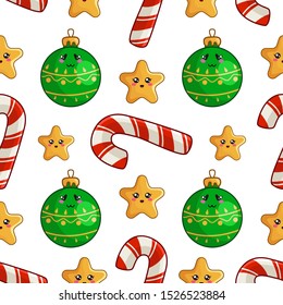 Christmas seamless pattern with candy cane or sweet lollipop, christmas decorative balls and stars, endless texture for print, textile, scrapbook or wrapping paper, new year background - vector