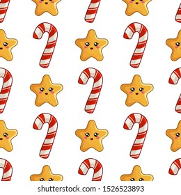 Christmas seamless pattern with candy cane or sweet lollipop, christmas decorative smiling stars, endless texture for print, textile, scrapbook or wrapping paper, new year background - vector