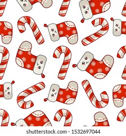 Christmas seamless pattern with candy cane or sweet lollipop, christmas decorative sock or stocking, endless texture for print, textile, scrapbook or wrapping, new year background - vector