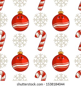 Christmas seamless pattern with candy cane or sweet lollipop, christmas decorative balls and snowflake, endless texture for print, textile, scrapbook or wrapping paper, new year background - vector