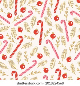 Christmas seamless pattern with candy cane, leaves, berries and fir branches on white background. Scandinavian style. Perfect for winter holidays, xmas wallpaper, wrapping paper, fabric