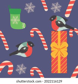 Christmas seamless pattern with candy cane, gift, stocking, bullfinch bird. Christmas wrapping paper