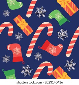 Navidad sin fisuras con bastón de caramelo, regalo, caldo de leña, ave de bullfinch. Papel de envoltura de Navidad