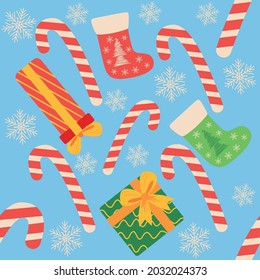 Christmas seamless pattern with candy cane, gift, stocking. Christmas wrapping paper.
