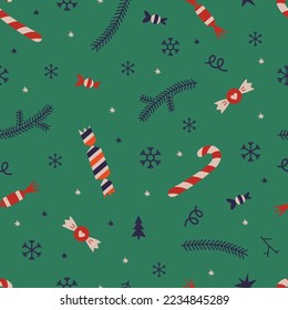 Christmas seamless pattern with candy cane, sweets and snowflakes on a green background, cartoon style. Trendy modern vector illustration, hand drawn, flat