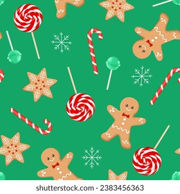 Christmas seamless pattern with candy cane, lollipops and gingerbread. Bright festive background. Vector cartoon illustration.