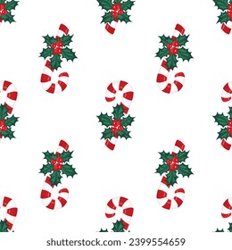 Christmas seamless pattern with candy cane and holly berries on a white background. Vector illustration.
