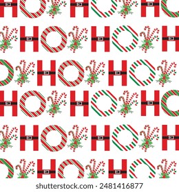 Christmas seamless pattern with candy cane and ho ho ho