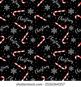 Christmas seamless pattern with candy cane, snowflakes and Christmas lettering on a black background. Perfect for holiday invitations, winter greeting cards, wallpaper and gift paper.