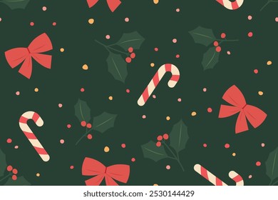 Patrón inconsútil de la Navidad con el bastón de caramelo de la Navidad, los lazos rojos, las bayas de acebo y los puntos coloridos; grande para envolver, tarjetas de felicitación, gráficos de las redes sociales - Ilustración vectorial